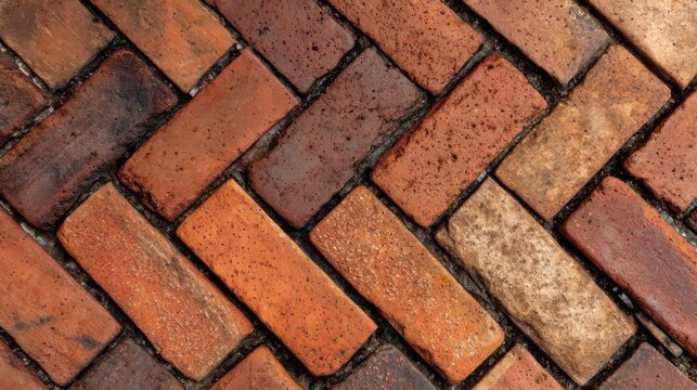 Red brick herringbone pathway with rough textures and vintage charm, filled with dark cement gaps.