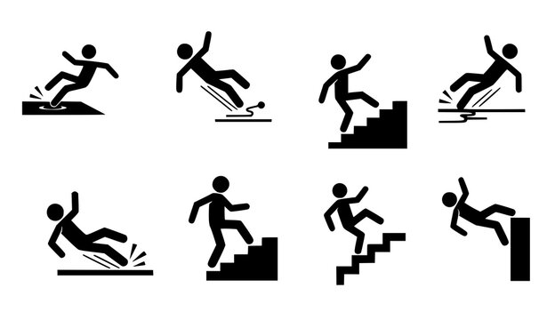 Trendy workplace safety caution icons with falling stick figures slipping tripping and edge hazards vector collection