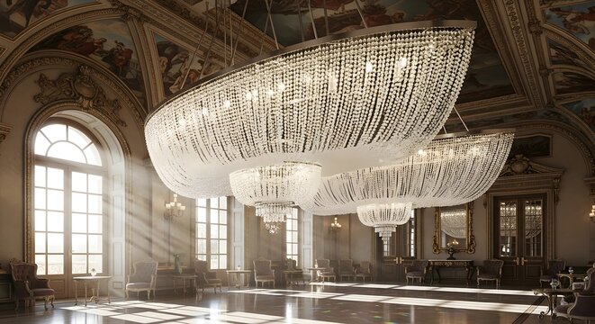 Large crystal chandeliers hang from ornate ceiling in luxurious empty ballroom with large windows and elegant interior design