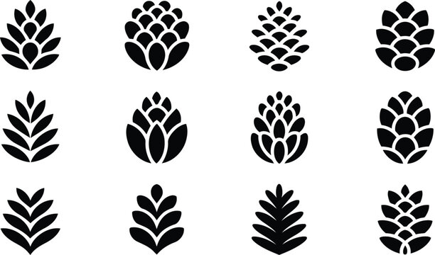A symmetrical grid displaying various black nature themed silhouettes including distinct pinecones and stylized leaves on white