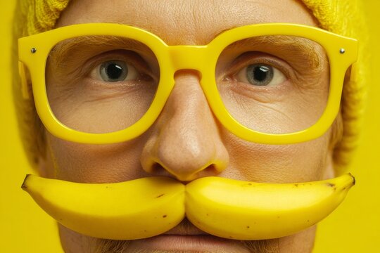 Vibrant and funny april fool's day prank attire. Poster design. Novelty glasses and joke nose on a lemon-hue background. Epic poster. Action poster.