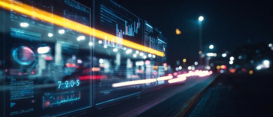 Fototapeta premium Fuel frenzy: the automotive struggle amid price surges. Ai visuals. Distant vehicles waiting patiently, illustrating gasoline shortages. Glowing dashboards. Cyber metrics.