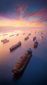 Anchored giants: oil tankers and the wait for global peace. Art direction. Glimmering giants: oil tankers in wait as sunsets over conflict. Dark aesthetic. Modern graphics.