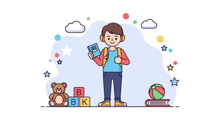 A cheerful young boy stands proudly holding a book, surrounded by toys and educational blocks, symbolizing childhood learning and play. © blu