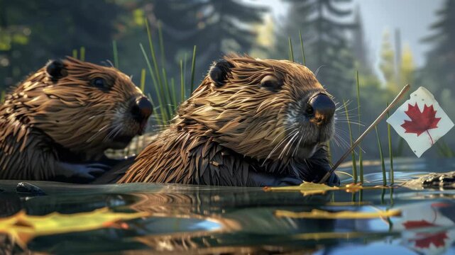 Beavers in natural habitat with maple leaf flag.