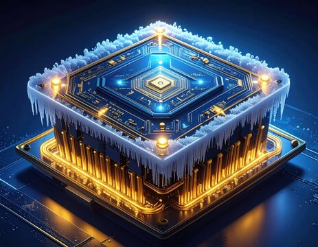 Futuristic cpu processor chip covered in ice and frost, glowing golden circuitry representing extreme overclocking cooling technology, digital computing hardware