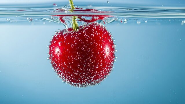 Single Cherry Dropping into Water, Bubbles and Splash, Copy Space