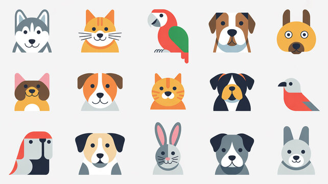 A flat, minimalist illustration of 12 different animals arranged in a 3x4 grid against a white background.