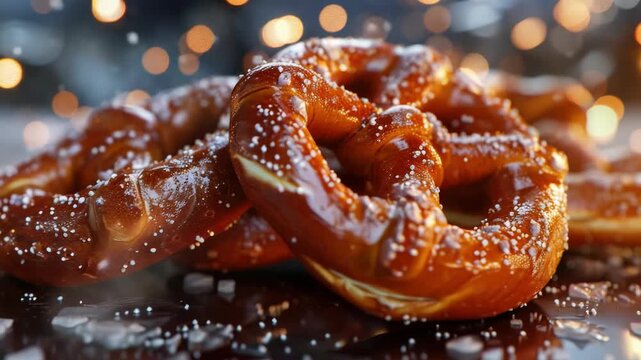 Close-up of delicious golden brown pretzels sprinkled with granulated sugar on a dark background, perfect for food .