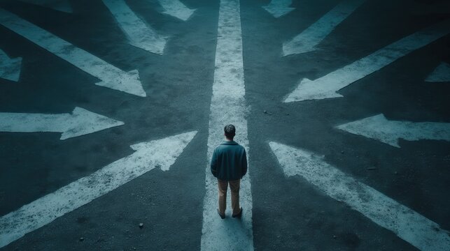 Man at the Crossroads Contemplating Directions in a Dark Urban Environment with Graffiti and Painted Arrows