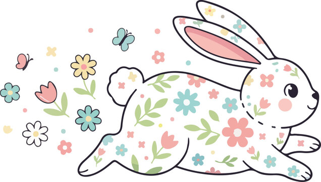 cute floral bunny illustration pastel spring rabbit with flowers and butterflies