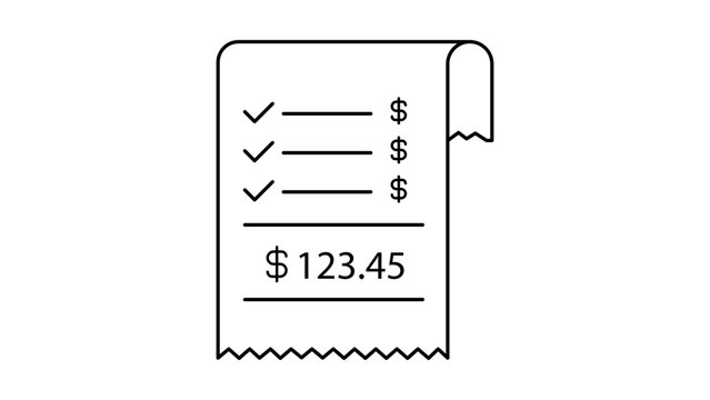 Minimalist black line vector icon of a paper receipt roll on a white background, featuring an itemized list with checkmarks and a total price, ideal for expense reports, billing, and commerce.