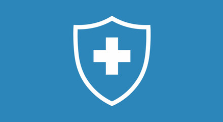 Fototapeta premium Medical shield illustration: a white cross inside a shield on a blue background