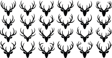 Fototapeta premium Array of elegant black deer heads featuring majestic antlers against a plain white backdrop