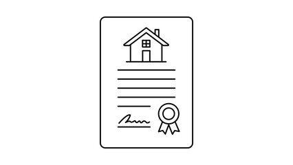 Property Deed Vector Icon: A minimalist black line illustration on a white background representing a house document, real estate contract, mortgage agreement, or home title with a signature and seal. © Amit Hasan