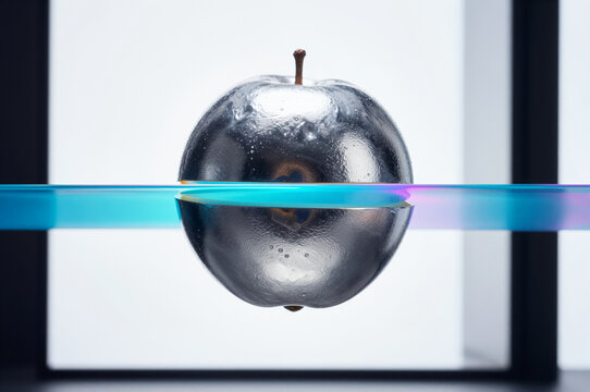 Metallic silver apple sits behind a translucent cyan acrylic pane that refracts light into a soft magenta chromatic aberration at the edge of its contact point.