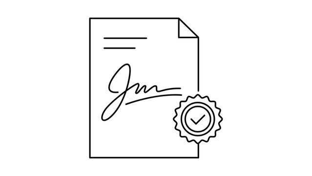 Power of Attorney minimalist black line vector icon illustration on a white background representing a signed legal document with a certified seal and checkmark for business, law, and contracts.