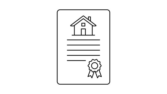 Property deed minimalist black line vector icon on white background representing a real estate document with a house symbol and seal for mortgage, home ownership, and legal contract illustration.