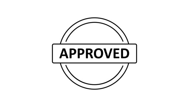 Approved stamp vector icon illustration. Minimalist black line art of a circular seal with approved text in a box. Scalable outline design for business, legal, and quality control documents.