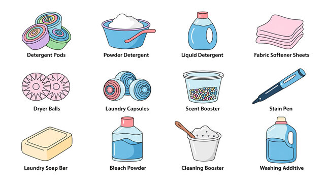 A set of 12 laundry and cleaning supplies arranged in a 3x4 grid with labels.