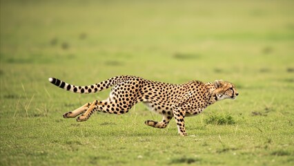 Obraz premium Animal - Cheetah Sprinting at Full Speed Across Open Green Grassland Savanna in African Wildlife