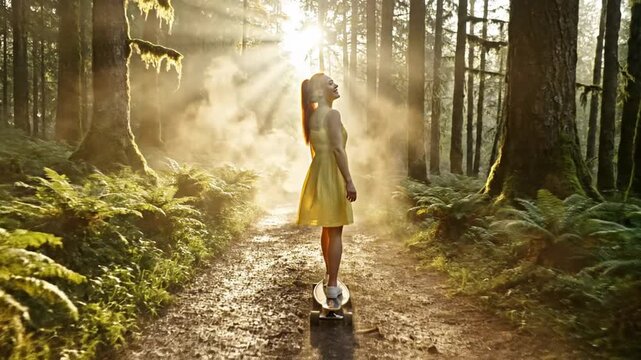 Rear view of a young woman with red hair in a yellow dress longboarding through a misty sunlit forest with golden light rays, ferns, and mossy trees in the background.