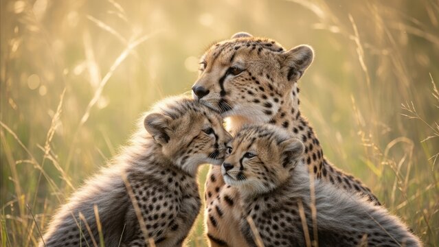 Animal - Cheetah Mother with Two Fluffy Cubs Nuzzling Together in Golden Savanna Grassland at Sunset