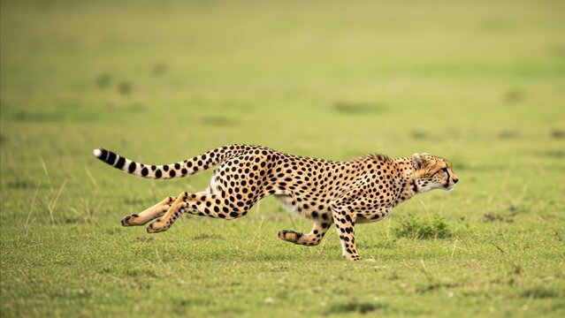 Animal - Cheetah Sprinting at Full Speed Across Open Green Grassland Savanna in African Wildlife