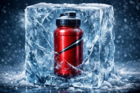 Transparent ice block with cracks and frost texture for cold winter product background.