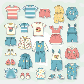 A comprehensive collection of colorful cartoon baby and toddler clothing items, including shirts, dresses, rompers, and various accessories.