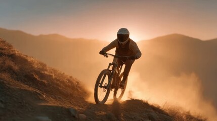 Fototapeta premium Breathtaking Mountain Bike Adventure at Sunset with Dramatic Lighting and Dusty Trails