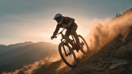 Obraz premium Dynamic Mountain Biker Racing Through Dusty Trail at Sunset for an Adrenaline-Packed Outdoor Adventure