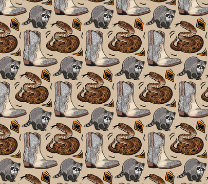 Western repeat pattern with vector illustrations of a cowboy boot, snake and raccoon illustrated in a seamless print for backgrounds and wallpaper