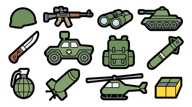A set of military-themed stickers arranged in a 3x4 grid on a white background.