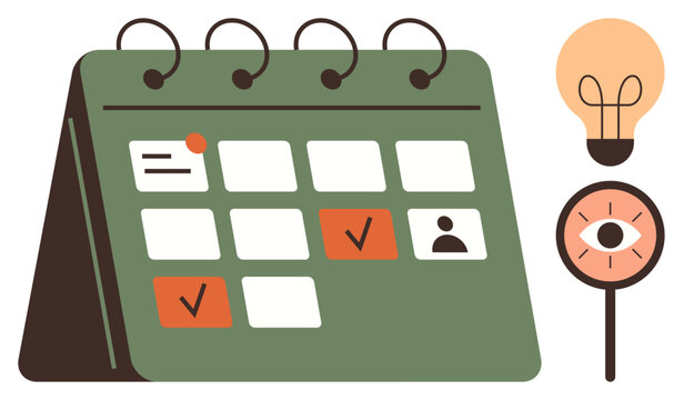 Event scheduling, productivity tools, time management, planning strategies, creativity, organization. Green calendar with marked dates and icons of lightbulb and eye symbol. Event scheduling