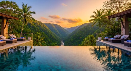 Fototapeta premium A luxurious infinity pool at a tropical resort overlooking a stunning green valley and river at sunset.