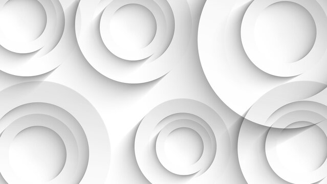 Abstract white geometric background with overlapping 3D circles and soft elegant shadows.