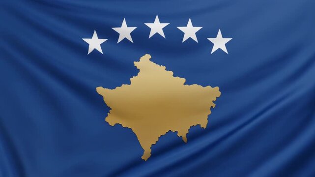 Kosovo national flag with blue field, golden map silhouette, and six white stars symbolizing unity and ethnic diversity.