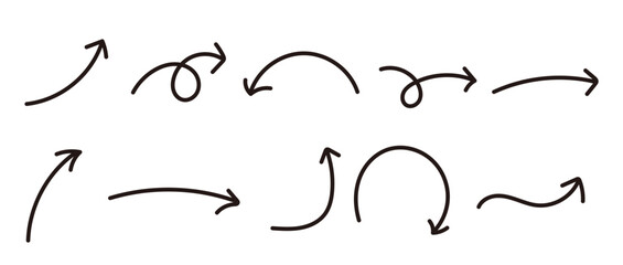 手描き風カーブ矢印セット シンプルな方向指示ラインアイコン素材集　黒 © fii