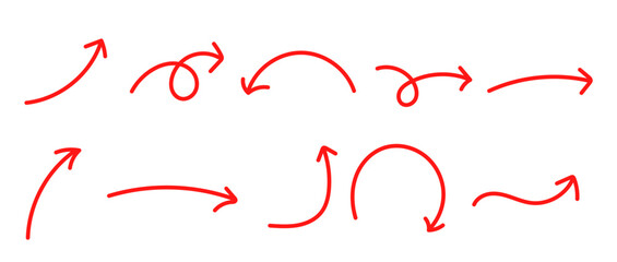 手描き風カーブ矢印セット シンプルな方向指示ラインアイコン素材集　赤 © fii
