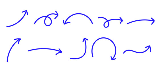 手描き風カーブ矢印セット シンプルな方向指示ラインアイコン素材集　青 © fii