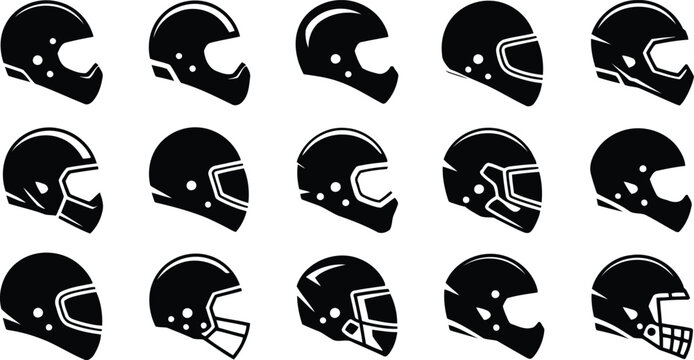 Collection of various black silhouette motorcycle helmet icons displayed neatly on a white background