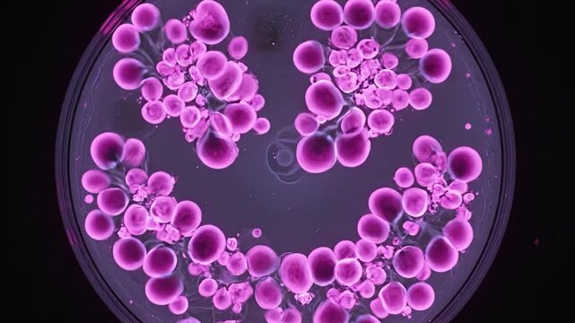 A detailed 3D animation showing a cluster of glowing circular cells or microorganisms growing and dividing. This microscopic visual is perfect for scientific presentations, medical documentaries, and 