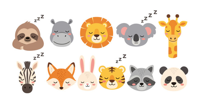 Collection of cute sleeping animal faces including lion sloth koala and giraffe
