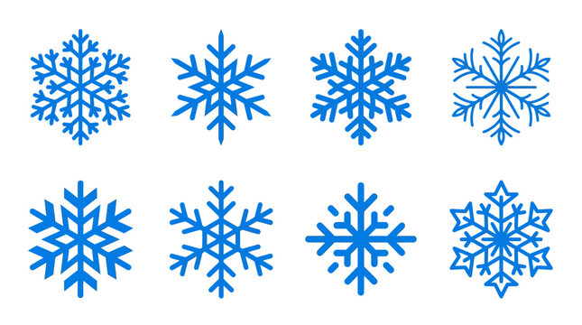 Collection of blue snowflakes on white.