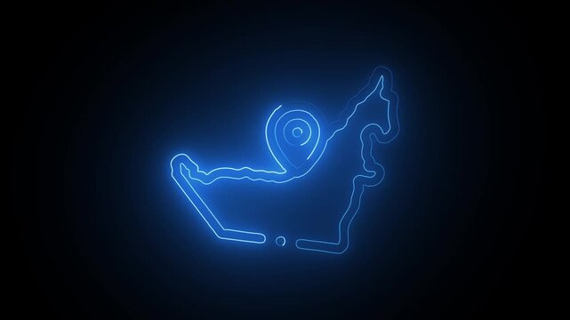 United Arab Emirates  Blue Neon Map Animation: Glowing UAE Outline with GPS Location Pin Icon, Futuristic HUD Digital Travel Concept Motion Graphics, Dubai and Abu Dhabi Region Tech Video Overlays