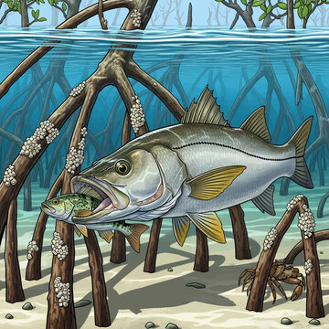 Snook attacking baitfish in mangrove habitat, illustration.