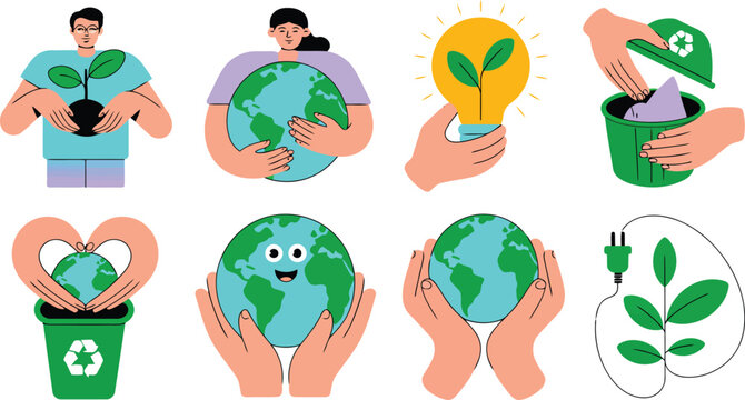 Colorful flat illustrations showcasing people and hands involved in caring for the Earth and promoting ecological sustainability