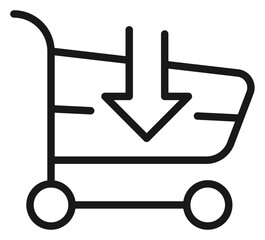 Black minimalist shopping cart vector icon with a downward arrow symbol, representing add to cart, purchase, or download in e-commerce and retail business, isolated on white background. © mdkaosarhabib