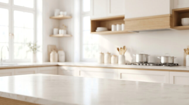 Modern white marble kitchen countertop with blurry minimalist interior background for product mockup presentation